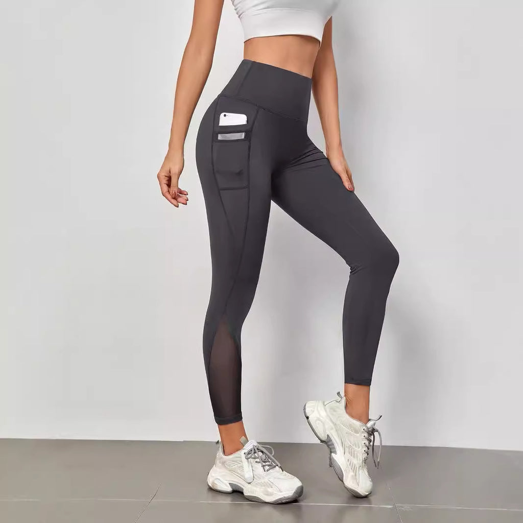 High Waist Grenadine Stitching Yoga Pants Pocket Quick-drying Breathable Hip Lifting Sport