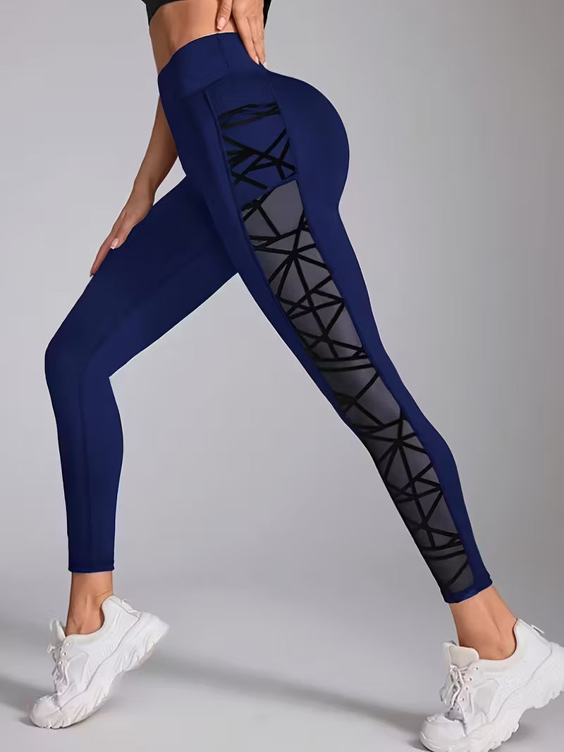 Athletic Outdoor Butt-lifting Mesh-panel Spliced Tights With Pockets